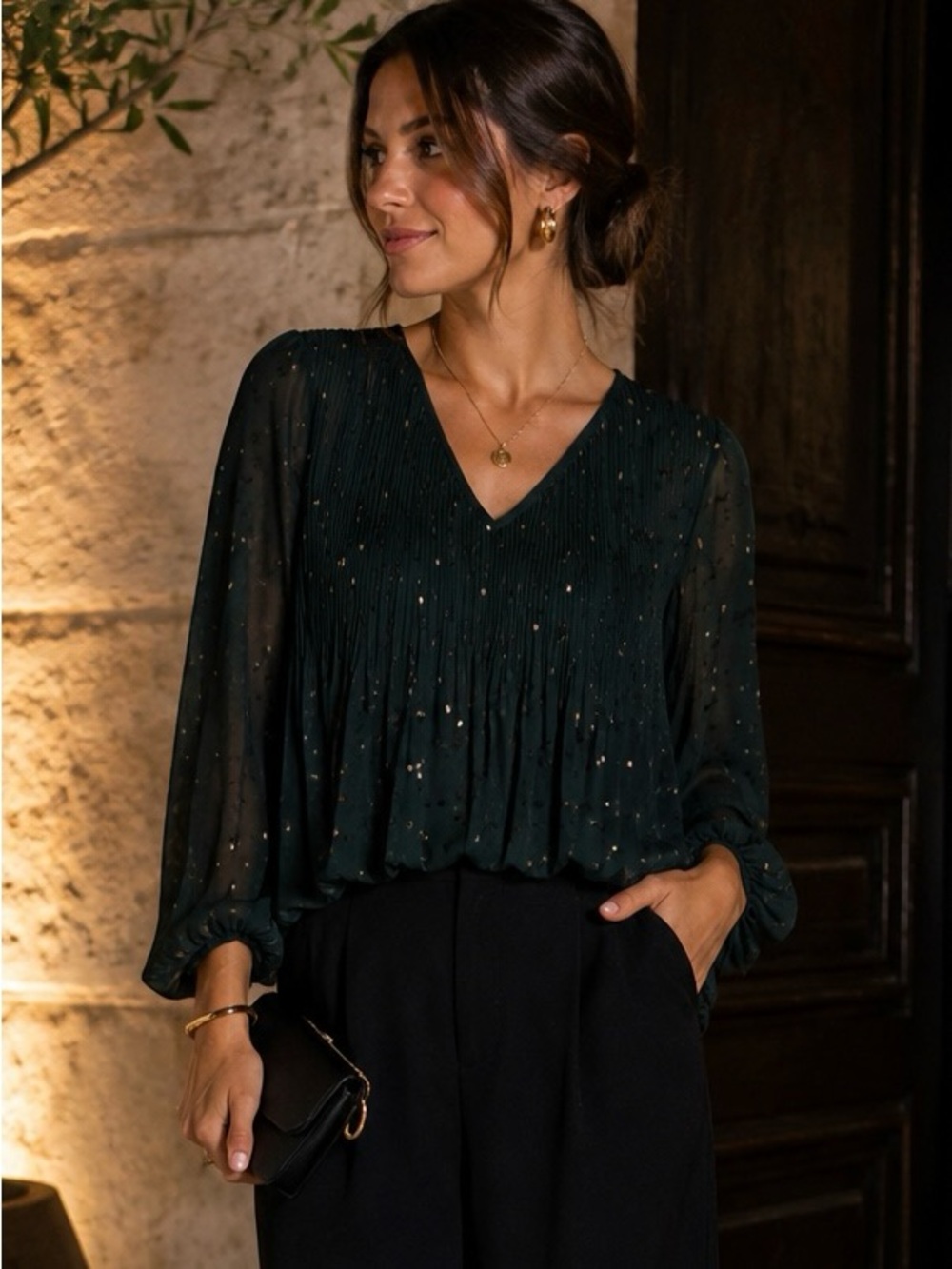 Nine West Dark Green V-Neck Blouse with Gold Speckle